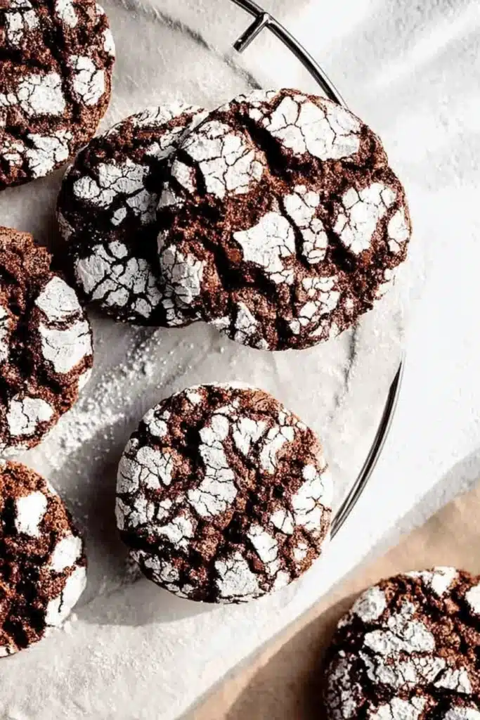 Gluten Free Chocolate Crinkle Cookies 3 Freshly baked gluten free chocolate crinkle cookies cooling on wire rack