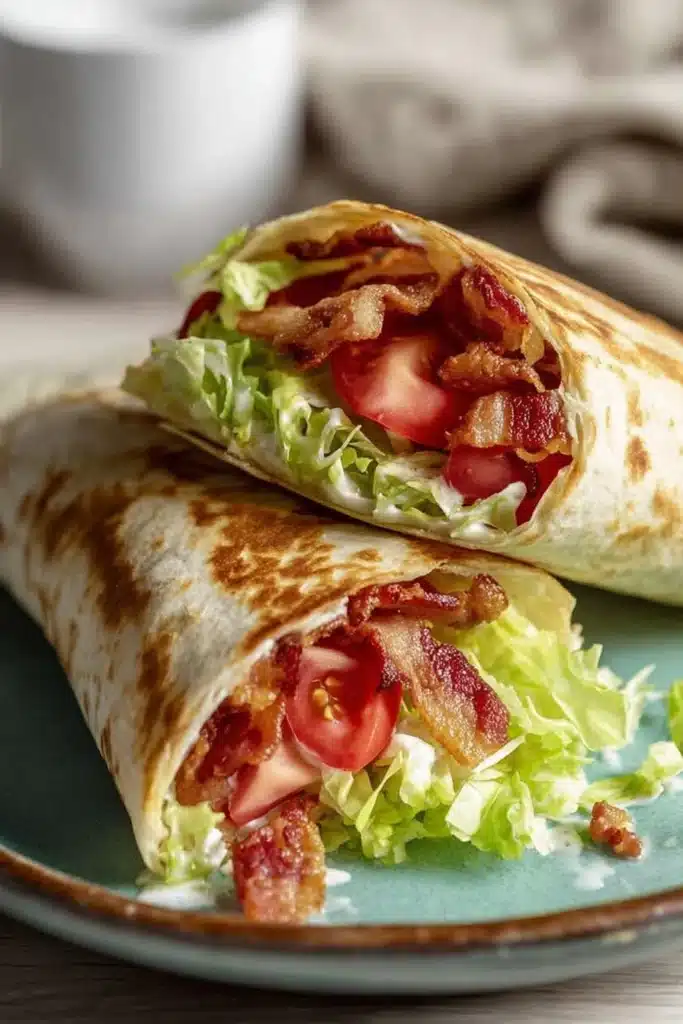 Gourmet BLT Wraps with Secret Sauce (Easy, Flavor-Packed Lunch Recipe) 1 Gourmet BLT Wraps with Secret Sauce cut in half with crispy bacon, lettuce, and tomato on green plate