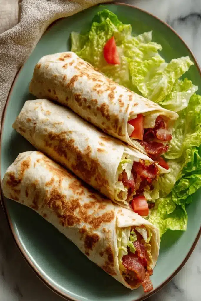 Gourmet BLT Wraps with Secret Sauce (Easy, Flavor-Packed Lunch Recipe) 3 Three BLT wraps with crispy bacon, lettuce, and tomato on green plate