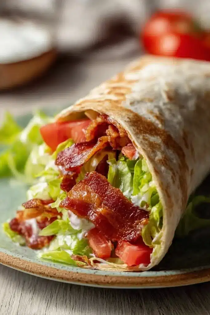 Gourmet BLT Wraps with Secret Sauce (Easy, Flavor-Packed Lunch Recipe) 2 Gourmet BLT Wraps with Secret Sauce with crispy bacon, lettuce, and tomato on rustic green plate