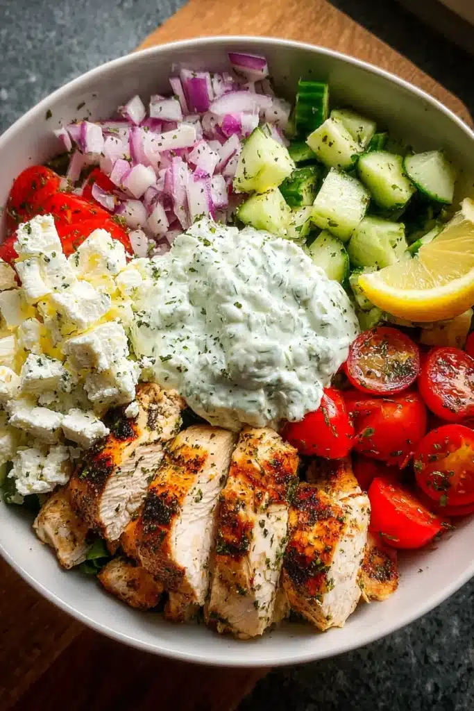Greek chicken bowl with grilled chicken, tzatziki, and fresh Mediterranean vegetables