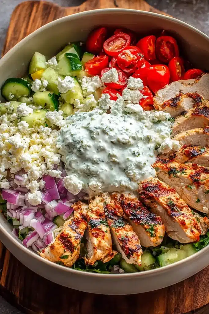 Healthy Greek chicken bowl with grilled chicken, tzatziki, and fresh vegetables
