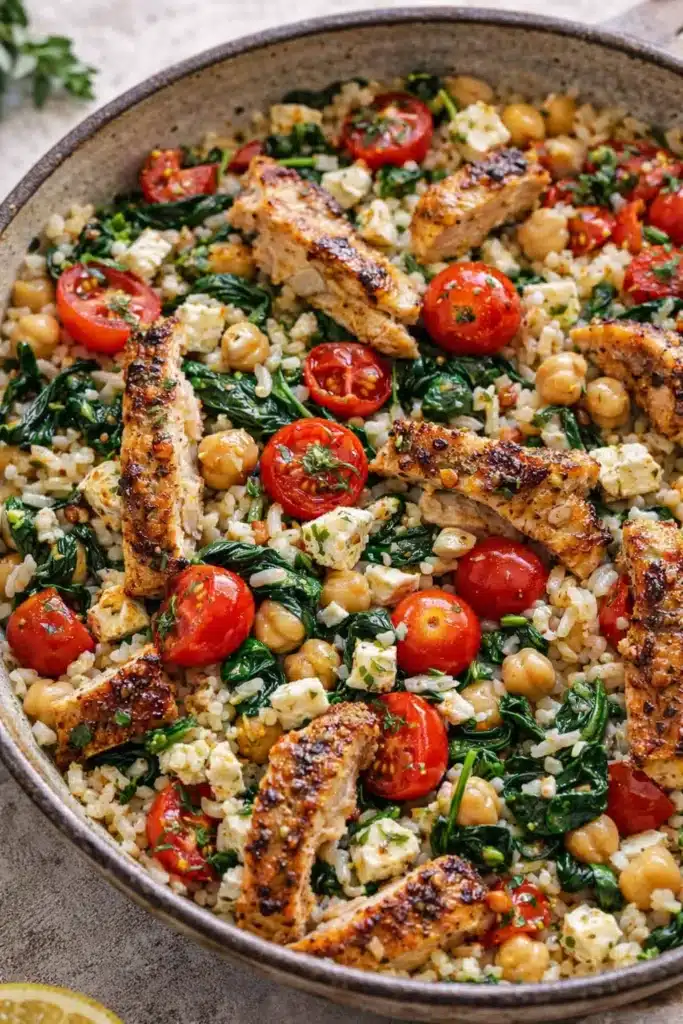Greek Chicken and Lemon Rice 2 Close-up of Greek chicken and lemon rice with chickpeas, spinach, and feta