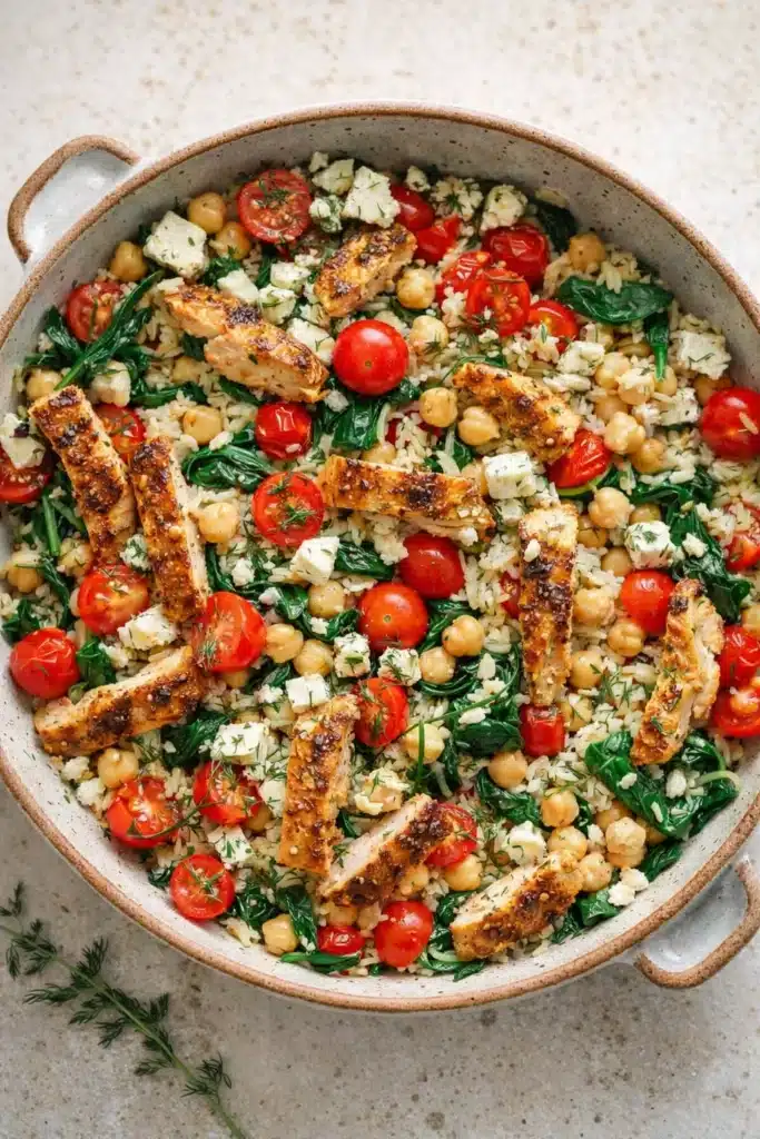 Greek Chicken and Lemon Rice 1 Greek chicken and lemon rice skillet with chickpeas, spinach, and feta