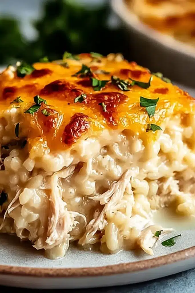Healthy Chicken Cauliflower Rice Casserole 2 Healthy chicken cauliflower rice casserole slice with melted cheese and fresh herbs on a plate