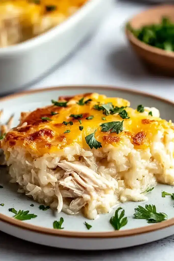 Healthy Chicken Cauliflower Rice Casserole 1 Healthy chicken cauliflower rice casserole slice with melted cheese and fresh herbs on a plate