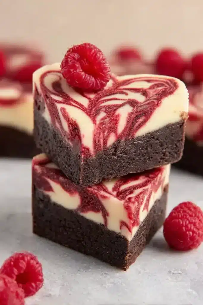 Heart Shaped Brownies Recipe 1 Heart-shaped raspberry swirl cheesecake brownies on stone surface