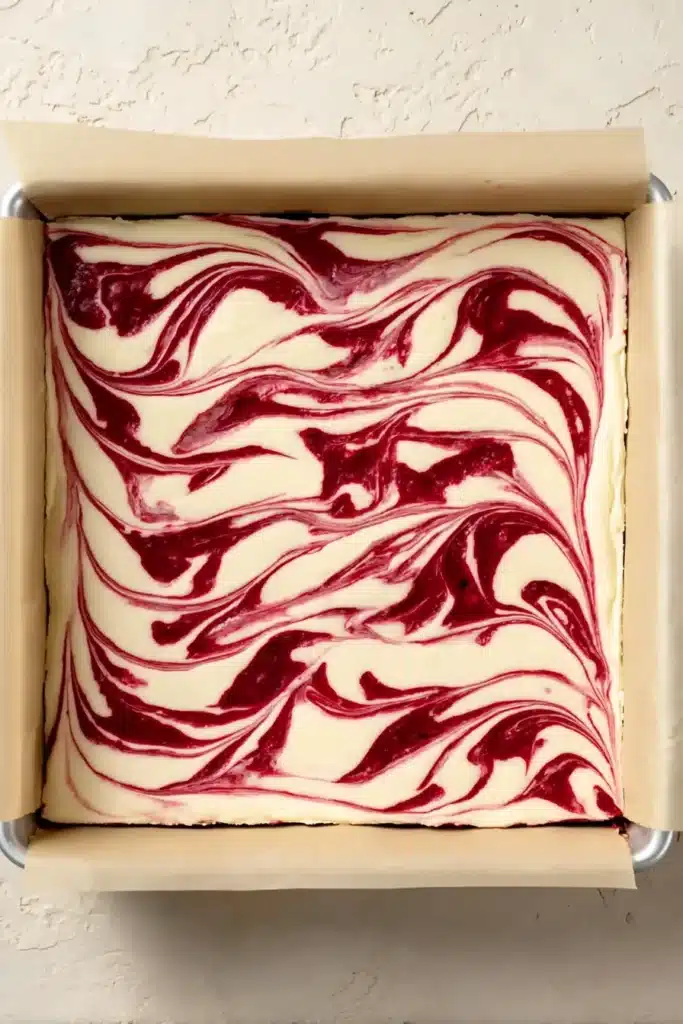 Heart Shaped Brownies Recipe 4 Raspberry swirl cheesecake brownie batter in baking pan