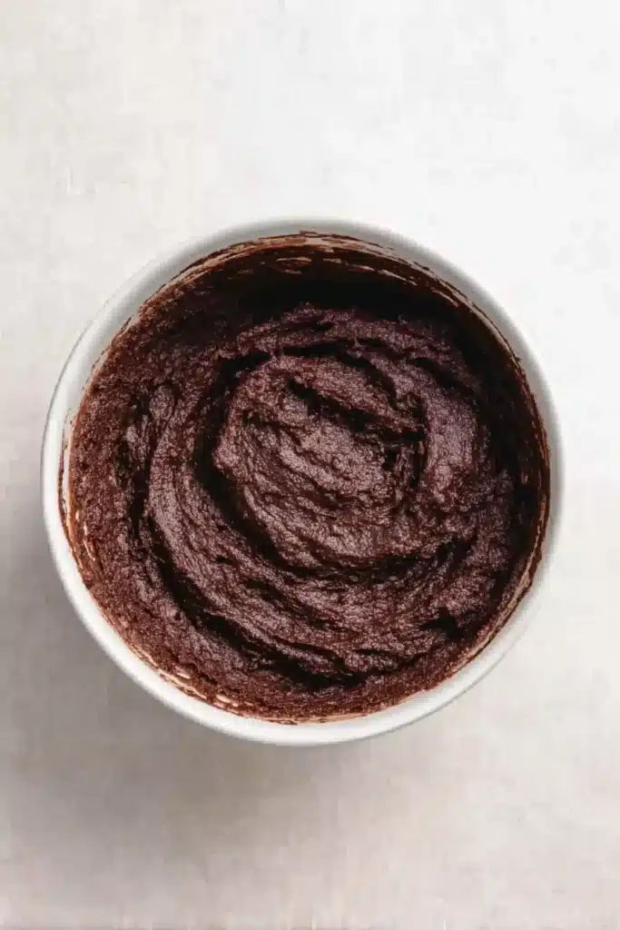 Heart Shaped Brownies Recipe 3 Thick chocolate brownie batter in white bowl on light surface