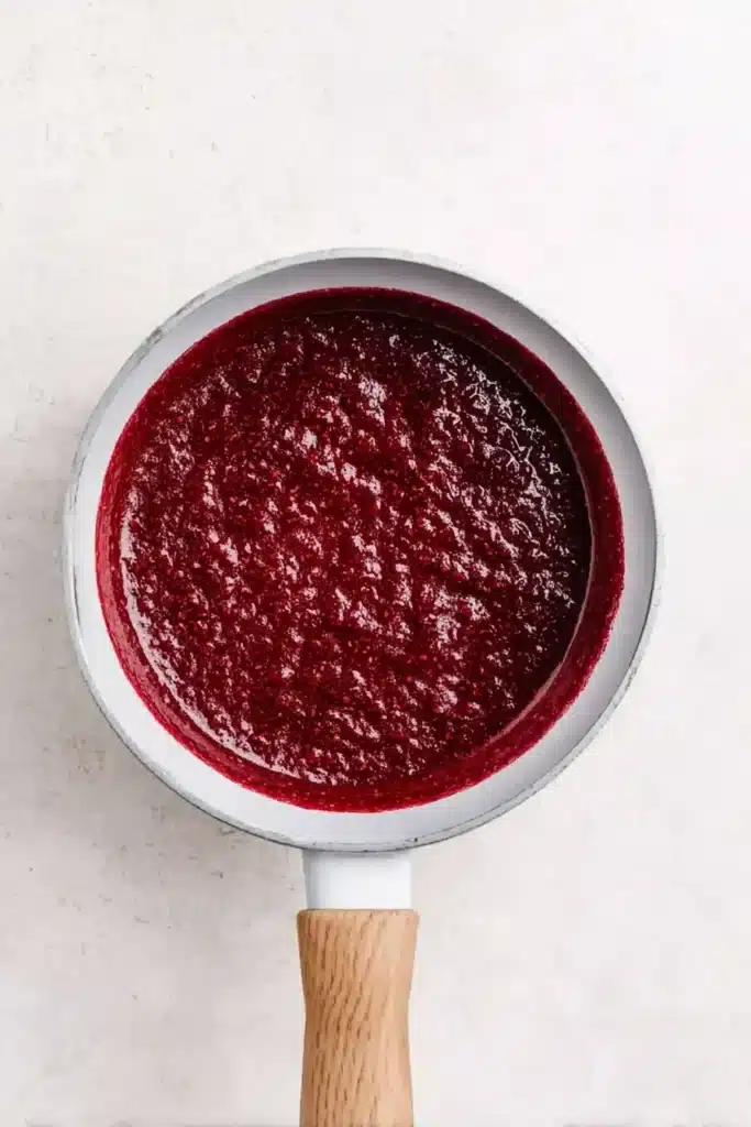 Heart Shaped Brownies Recipe 2 Thick raspberry sauce in white saucepan for heart shaped brownies