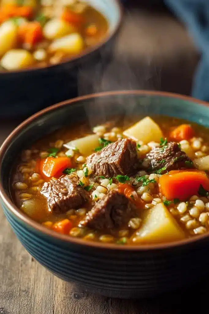 Hearty Crockpot Beef and Barley Soup (Easy Slow Cooker Comfort Food Recipe) 1 Hearty beef and barley soup in a blue bowl with carrots and potatoes