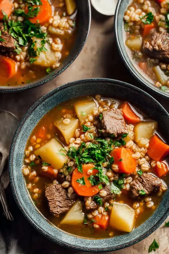 Hearty Crockpot Beef and Barley Soup (Easy Slow Cooker Comfort Food Recipe) 3 Hearty Crockpot Beef and Barley Soup with beef chunks, carrots, and herbs
