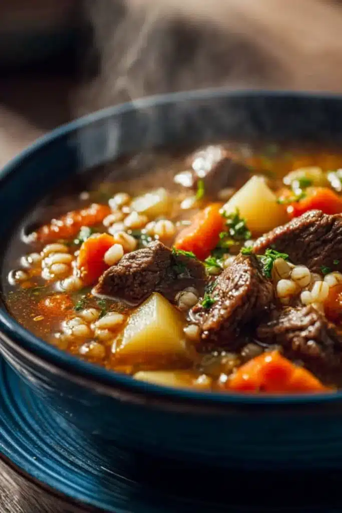 Hearty Crockpot Beef and Barley Soup (Easy Slow Cooker Comfort Food Recipe) 2 Hearty Crockpot Beef and Barley Soup with carrots and tender beef chunks
