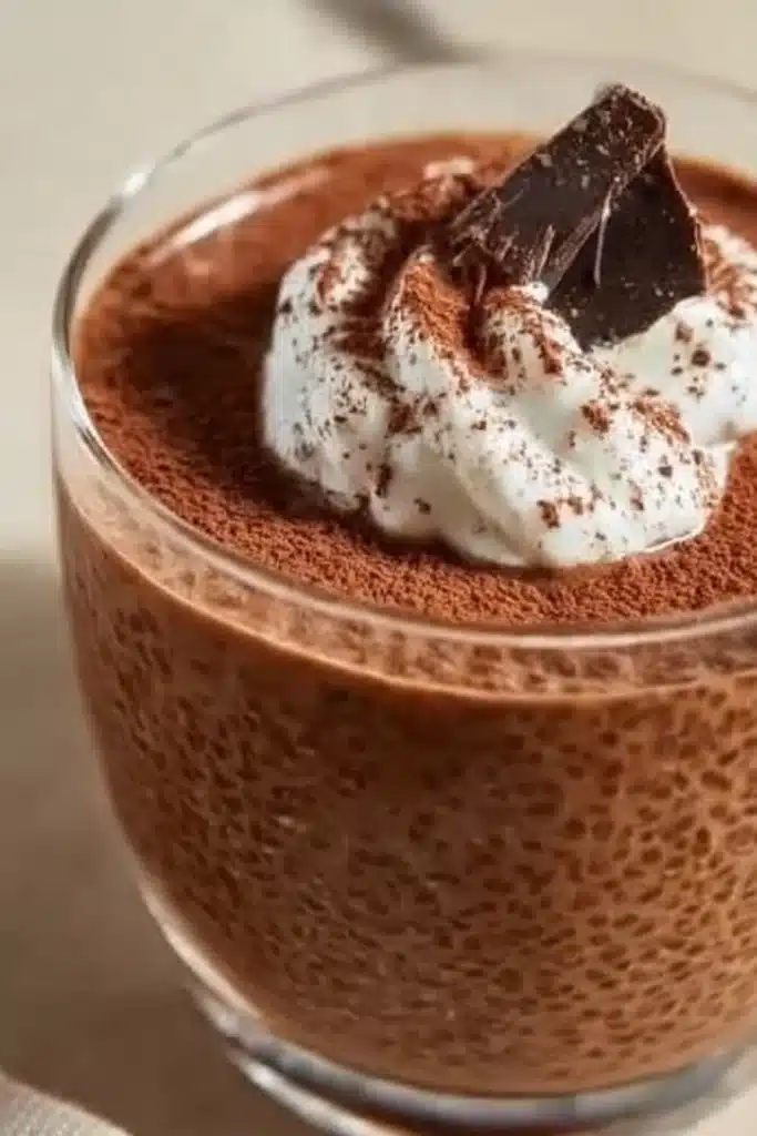 High Protein Chocolate Chia Pudding topped with whipped cream and cocoa powder