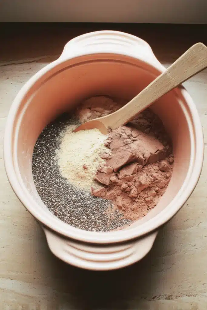 Chia seeds, cocoa powder, and protein powder in a pink mixing bowl