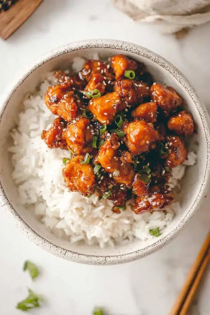 Honey Ginger Chicken Stir-Fry (30-Minute Sweet & Savory Weeknight Dinner) 4 Honey Ginger Chicken Stir-Fry served over white rice in a ceramic bowl