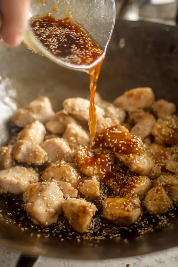 Honey Ginger Chicken Stir-Fry (30-Minute Sweet & Savory Weeknight Dinner) 2 Pouring honey ginger sauce over chicken in a wok with sesame seeds