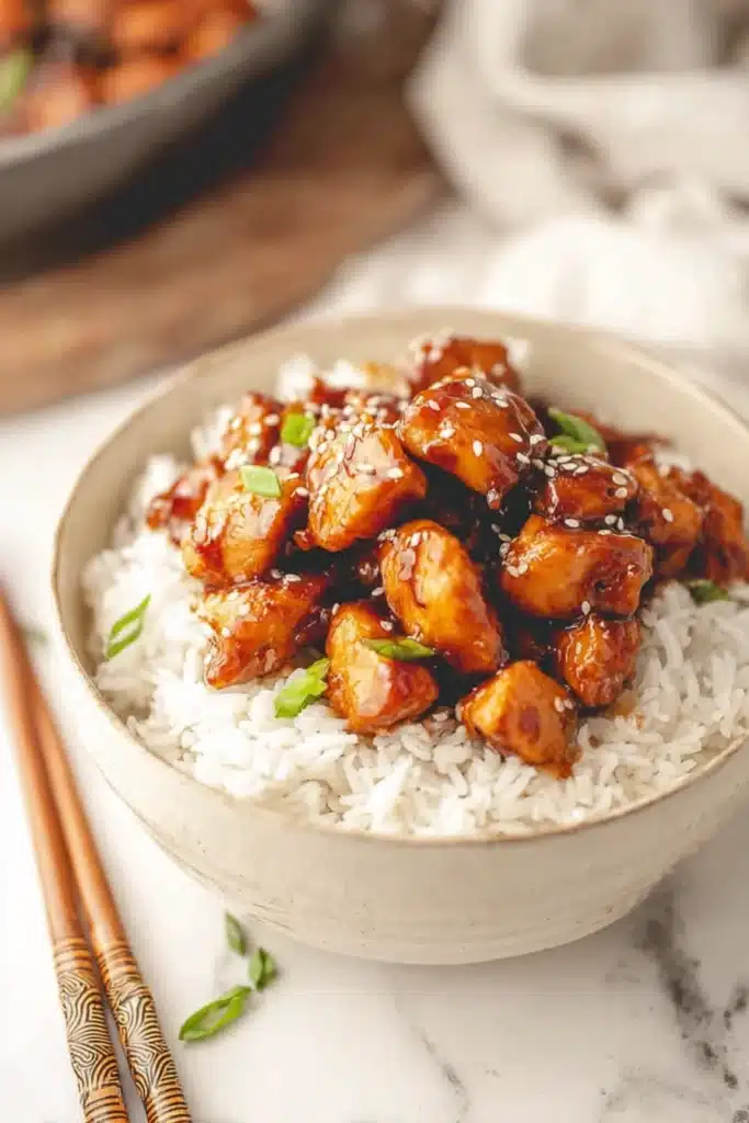 Honey Ginger Chicken Stir-Fry (30-Minute Sweet & Savory Weeknight Dinner) 1 Honey Ginger Chicken Stir-Fry served over rice with sesame seeds and green onions