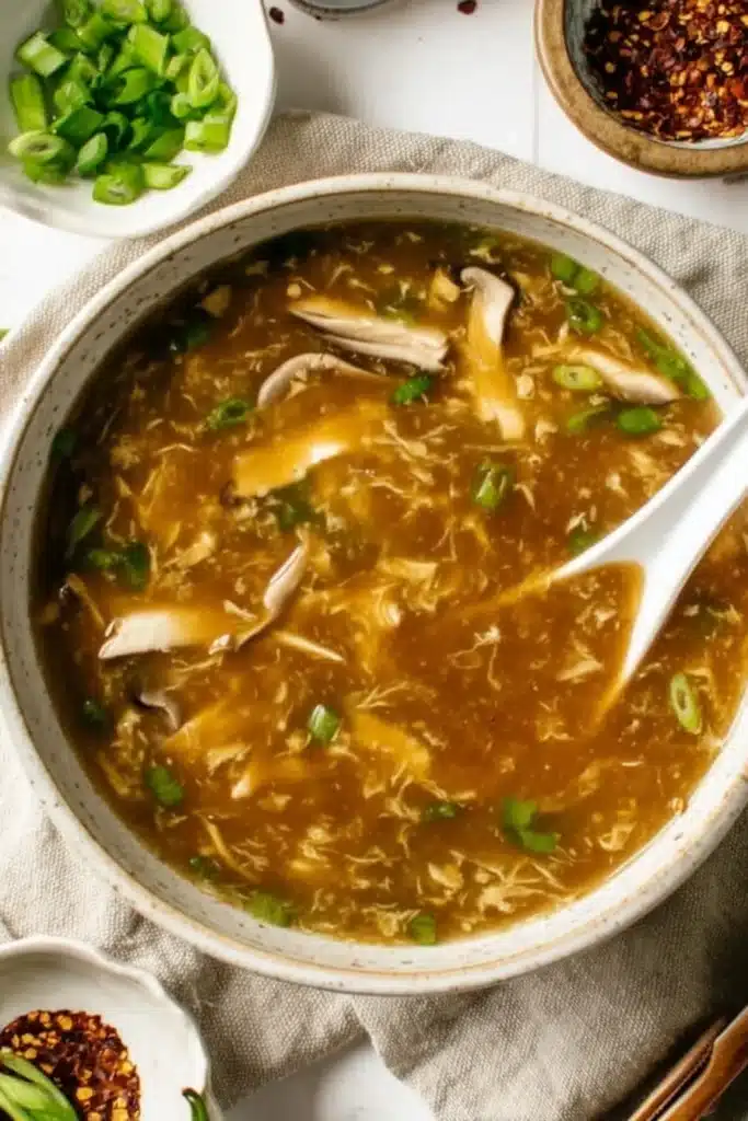 Hot and sour soup with mushrooms, tofu, and scallions in a white bowl