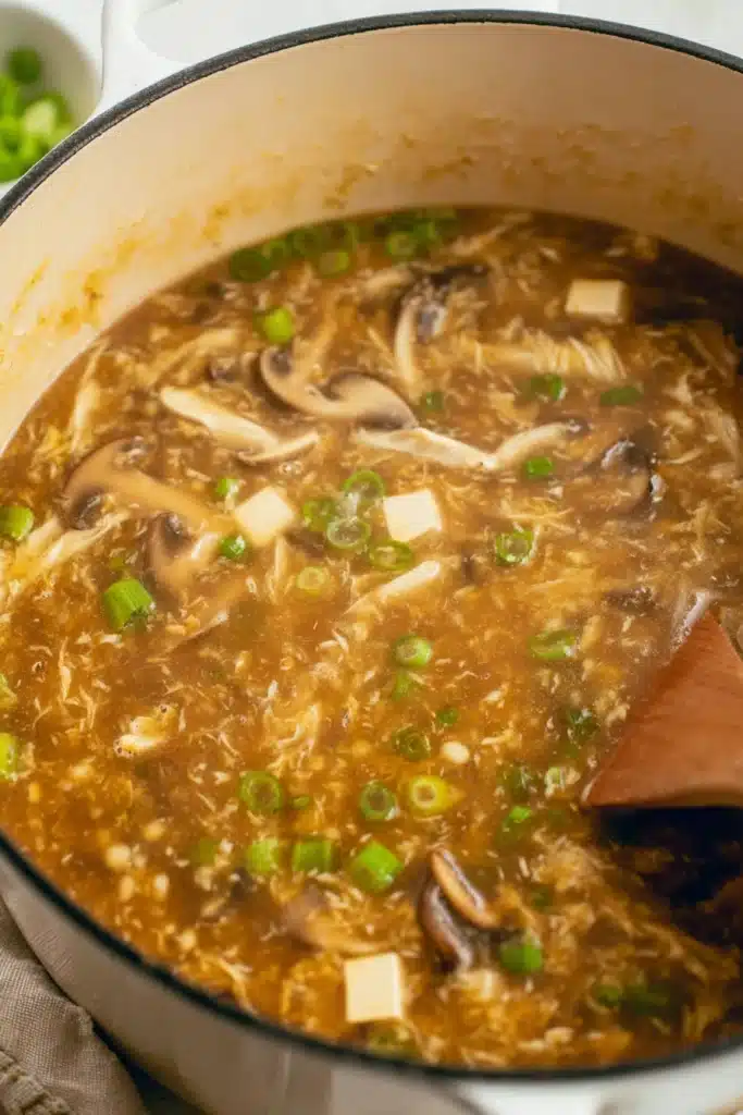 Hot and sour soup simmering in a cream pot with mushrooms and tofu