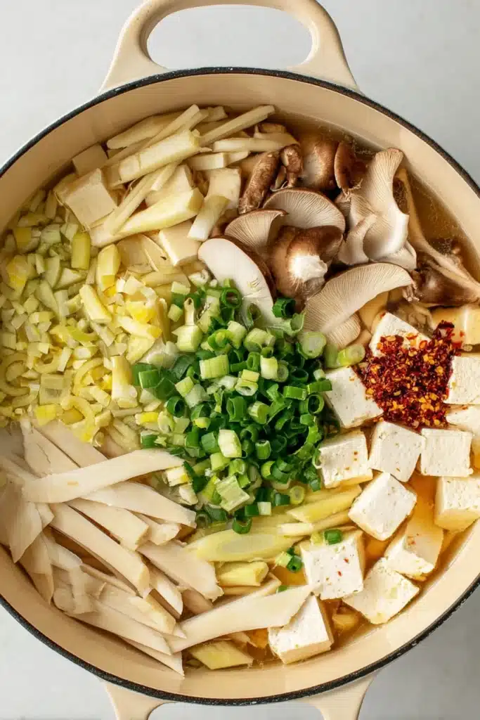 Uncooked hot and sour soup ingredients in a pot with tofu, mushrooms, and scallions