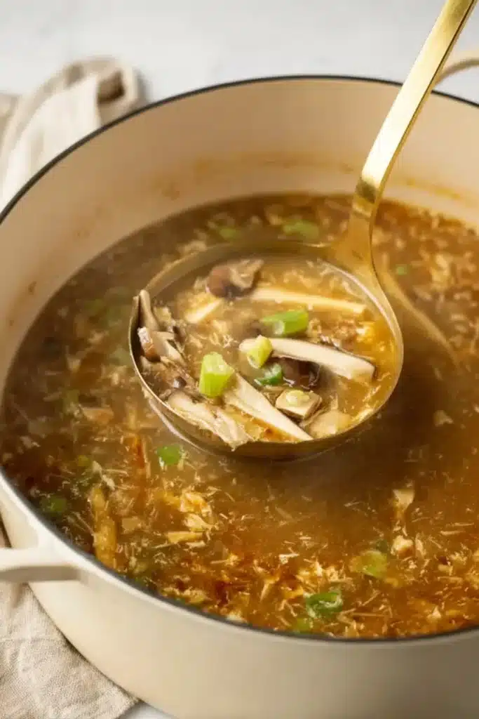 Hot and sour soup being ladled from a cream pot with mushrooms and tofu