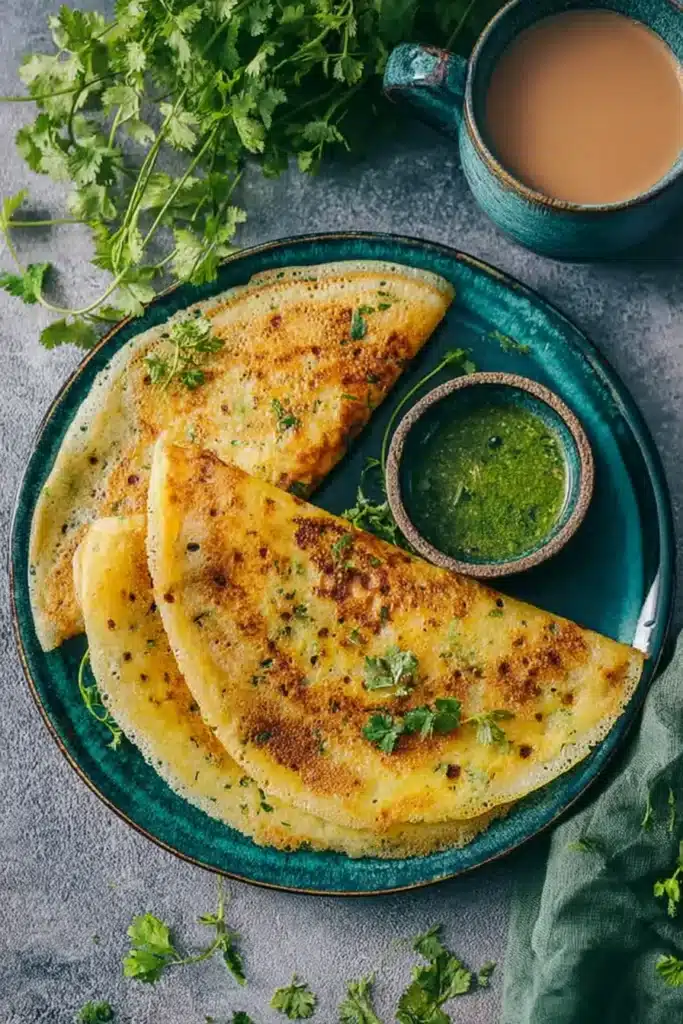 Instant Potato Dosa: Crispy, Quick, and Perfect for Busy Mornings 2 Instant Potato Dosa with chutney and chai on a green plate