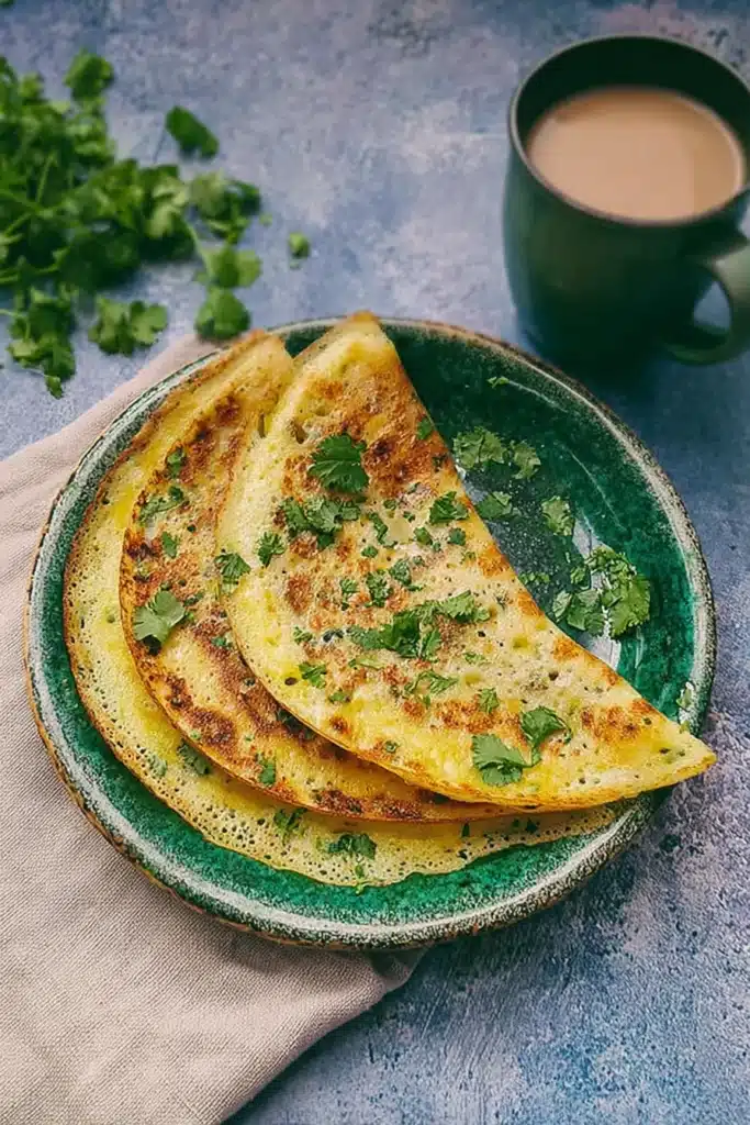 Instant Potato Dosa: Crispy, Quick, and Perfect for Busy Mornings 1 Crispy golden potato dosas on a green plate with cilantro and chai