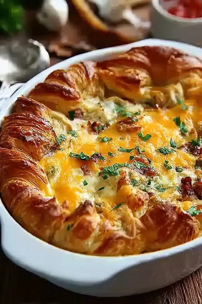 Irresistible Overnight Croissant Breakfast Bake (The Ultimate Make-Ahead Brunch Casserole) 1 Irresistible Overnight Croissant breakfast casserole with melted cheese and parsley in white baking dish
