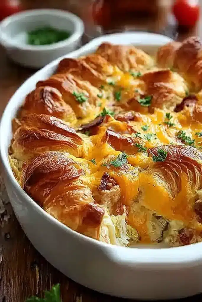 Irresistible Overnight Croissant Breakfast Bake (The Ultimate Make-Ahead Brunch Casserole) 2 Golden croissant breakfast casserole with melted cheese in white baking dish