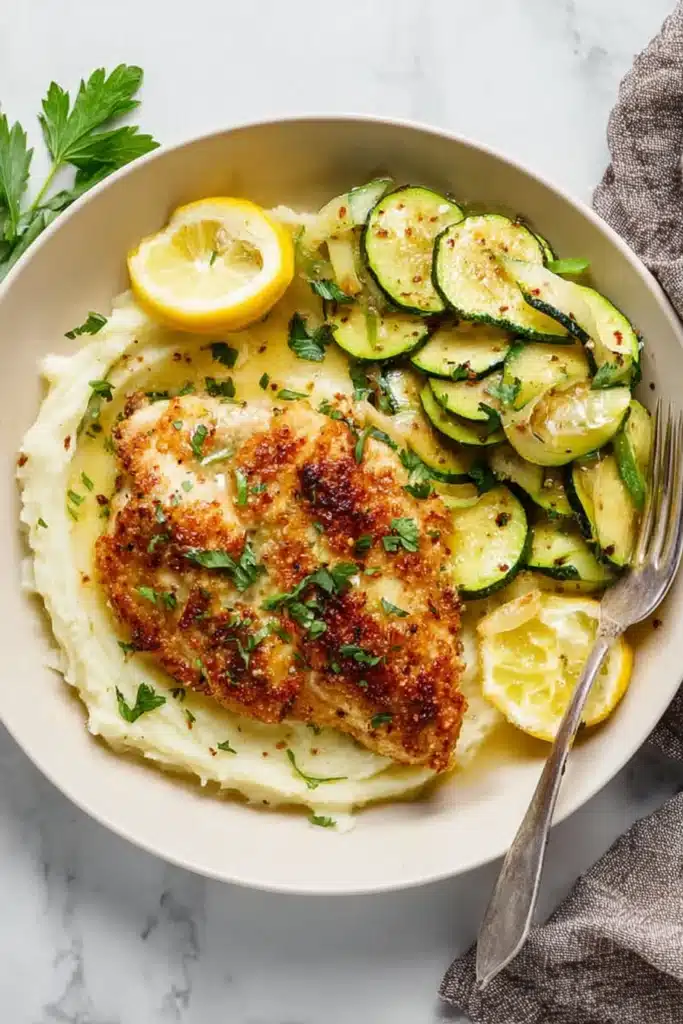 Lemon Chicken Recipe: Crispy, Tangy, and Ready in 30 Minutes 3 Lemon chicken with mashed potatoes and sautéed zucchini on a white plate