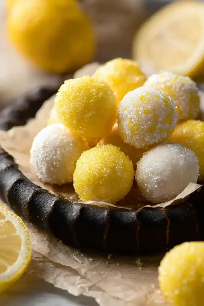 Lemon Truffles: Creamy, Bright, and Perfect for Any Occasion 1 Bright lemon truffles on a dark plate coated in sugar and powdered sugar