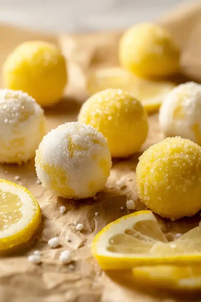 Lemon Truffles: Creamy, Bright, and Perfect for Any Occasion 2 Lemon truffles coated in sugar and powdered sugar with lemon slices