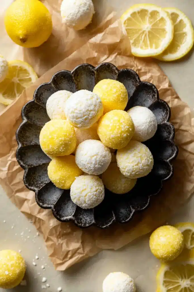 Lemon Truffles: Creamy, Bright, and Perfect for Any Occasion 3 Lemon truffles on a dark plate coated in sugar and powdered sugar