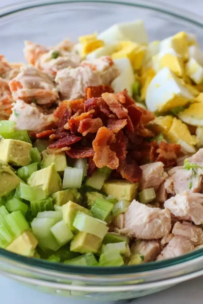 Low Carb Chicken Egg Salad (Easy Keto High-Protein Lunch Recipe) 2 Low carb chicken egg salad ingredients with chicken eggs avocado and bacon