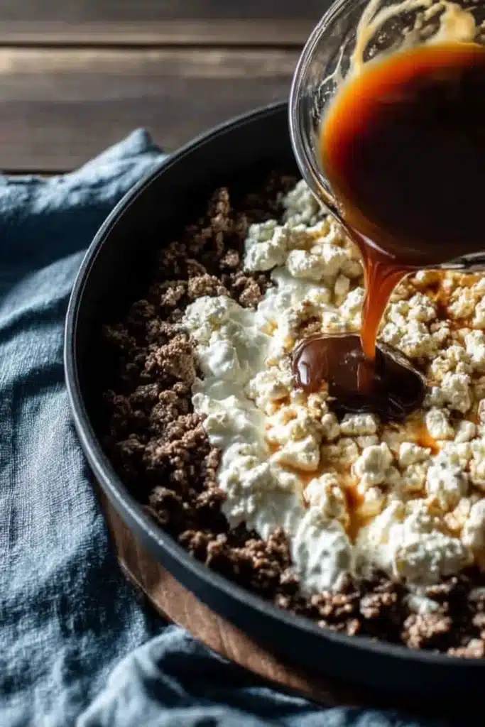 Cream cheese and Worcestershire sauce poured over beef for Low Carb Philly Cheesesteak
