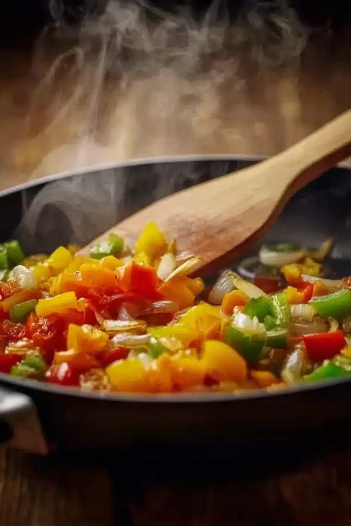 Sautéed onions and bell peppers in skillet for Low Carb Philly Cheesesteak