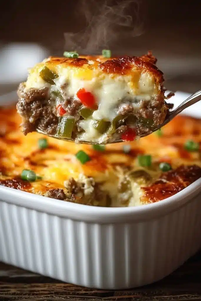 Cheesy Low Carb Philly Cheesesteak Casserole with ground beef and melted cheese