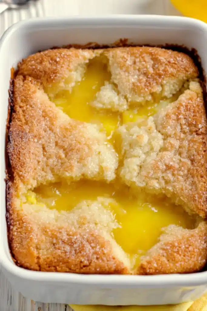 Magic Lemon Cobbler Recipe 4 Freshly baked Magic Lemon Cobbler with golden crust and lemon filling