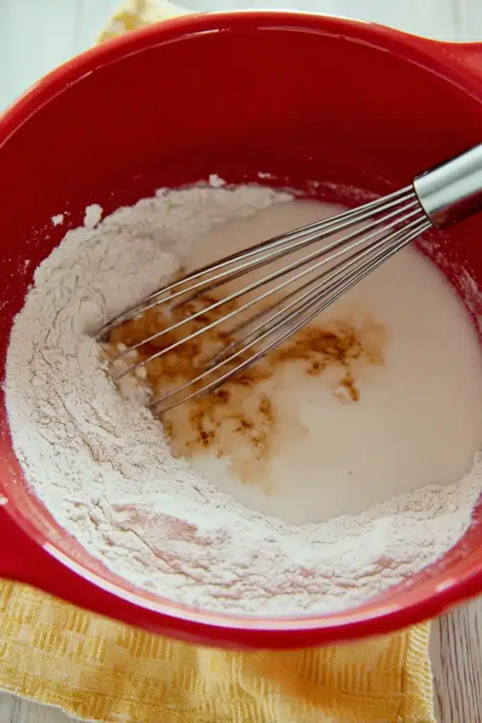 Magic Lemon Cobbler Recipe 2 Mixing Magic Lemon Cobbler batter with whisk in red bowl