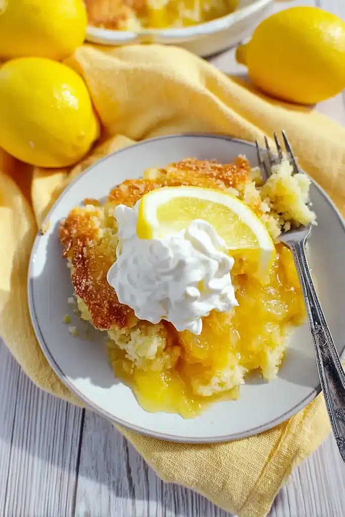 Magic Lemon Cobbler Recipe 1 Magic Lemon Cobbler with whipped cream and lemon slices on white plate