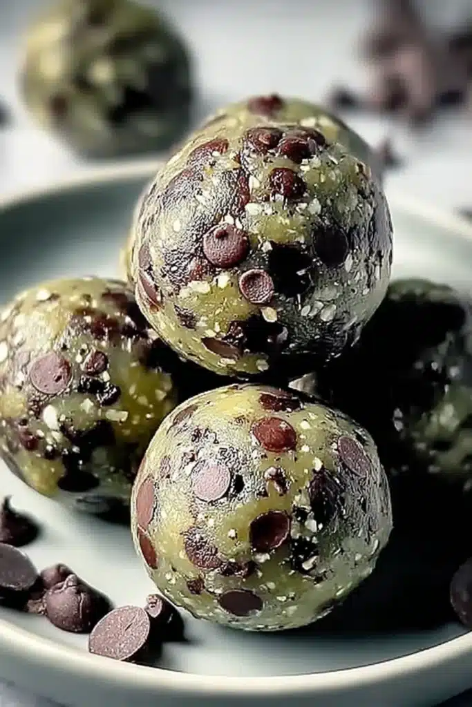 Mint Chocolate Chip Protein Balls 2 Mint chocolate chip protein balls stacked on gray plate with chocolate chips