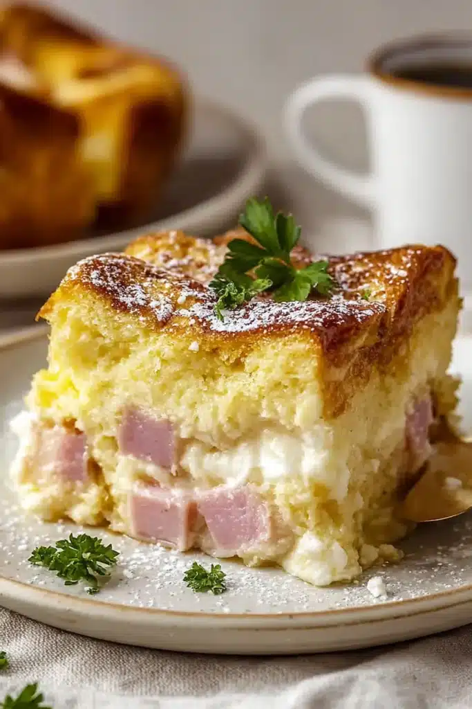 Monte Cristo Breakfast Casserole 1 Monte Cristo breakfast casserole slice with ham, cheese, and powdered sugar on a white plate