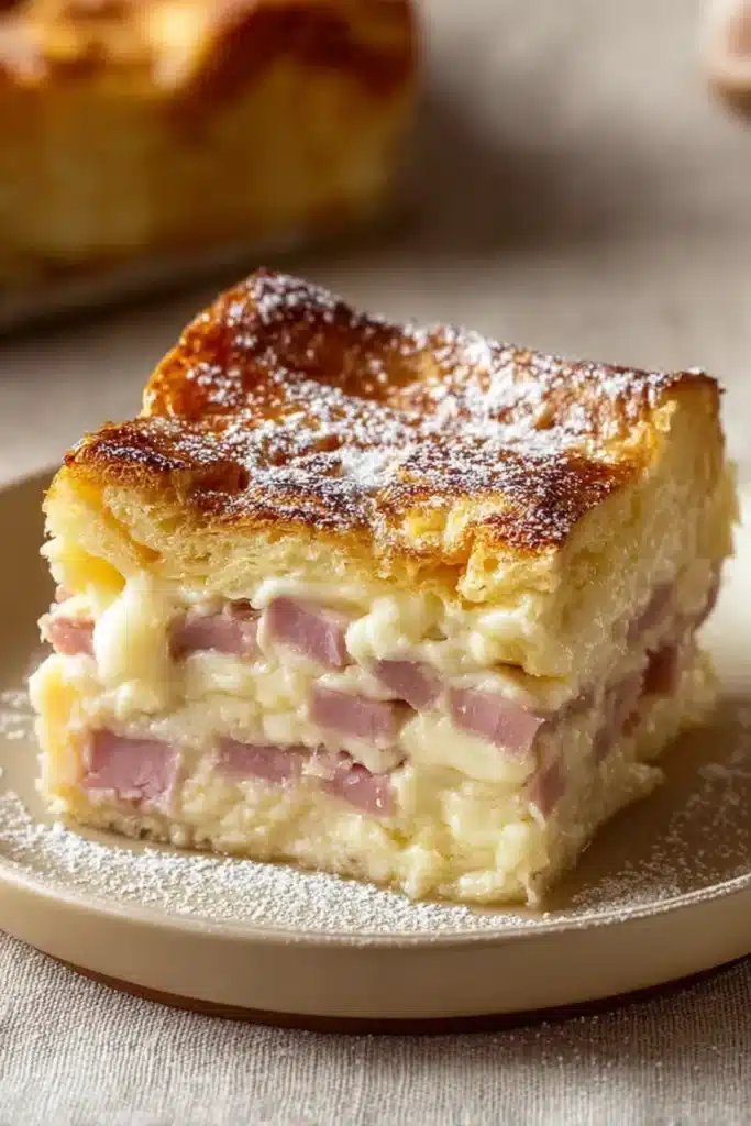 Monte Cristo Breakfast Casserole 2 Monte Cristo breakfast casserole slice with ham, cheese, and golden brioche layers