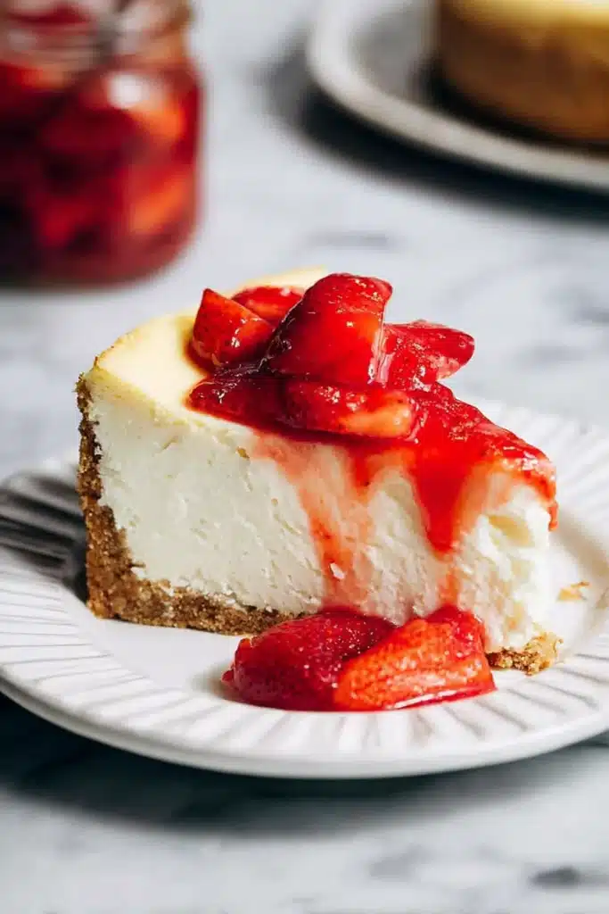 New York-style cheesecake with golden crust and strawberry sauce jar