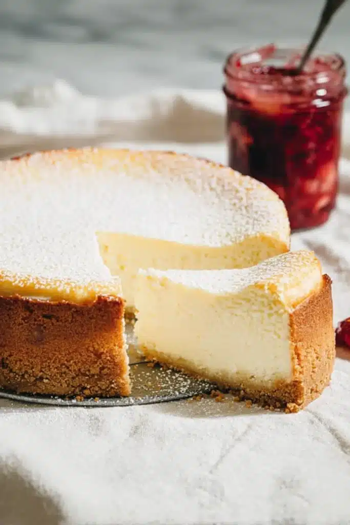 New York-style cheesecake with golden crust and strawberry sauce jar