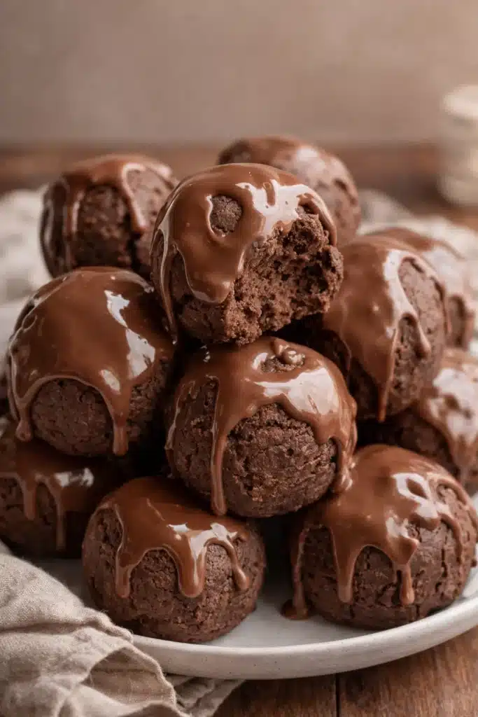 Chocolate protein bites with glossy chocolate drizzle stacked on a plate.