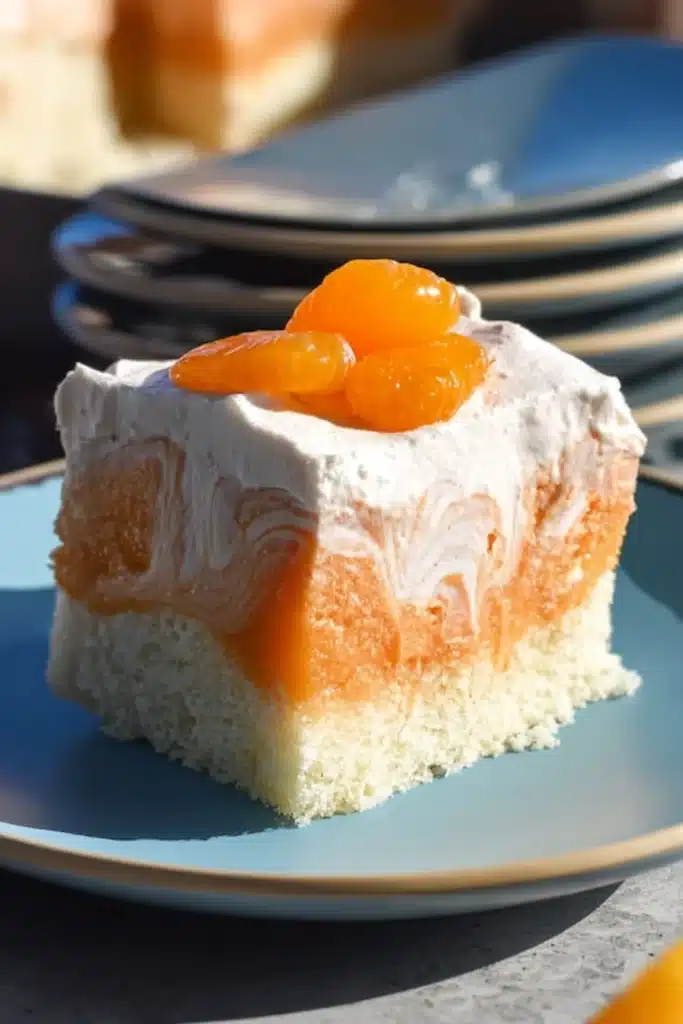 Slice of orange creamsicle cake with whipped cream topping and mandarin garnish on a blue plate