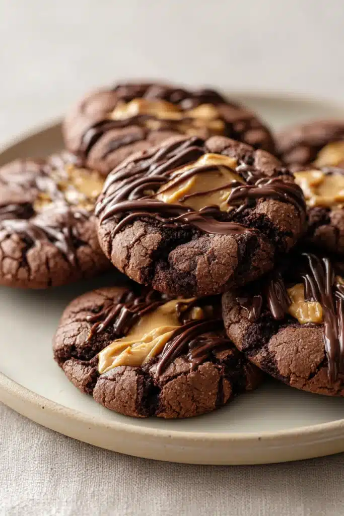 Stack of peanut butter brownie cookies with chocolate drizzle on a plate