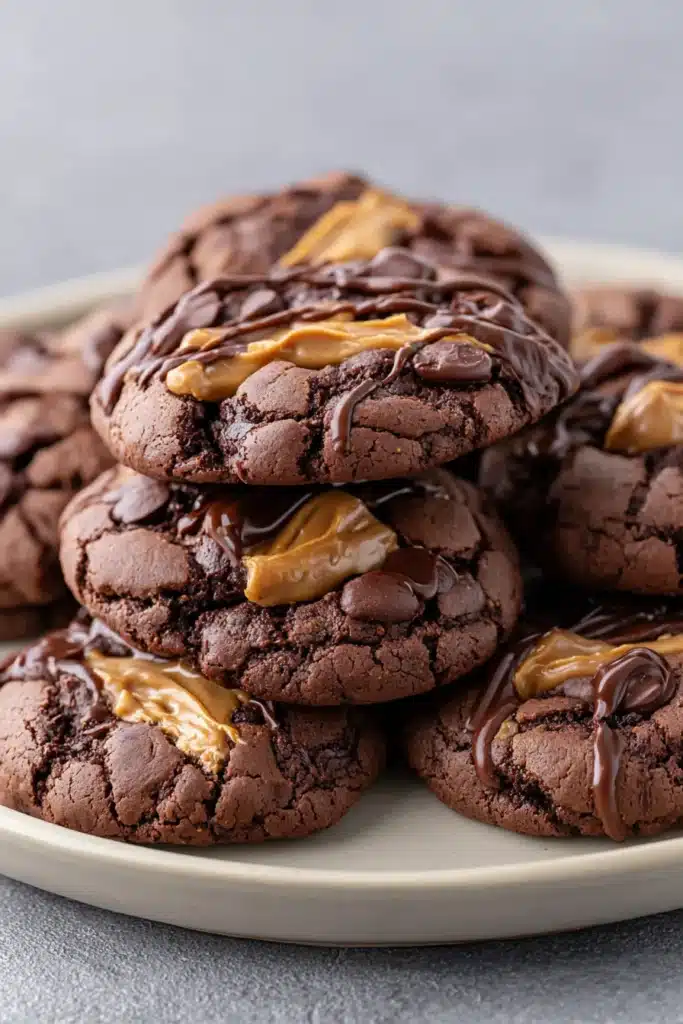 Stack of fudgy peanut butter brownie cookies with chocolate drizzle on a plate